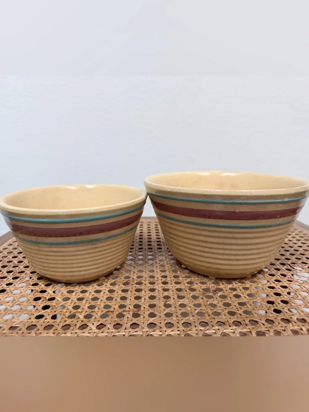Watt Beehive pink and blue striped mixing bowl set, size 6 and 7, vintage